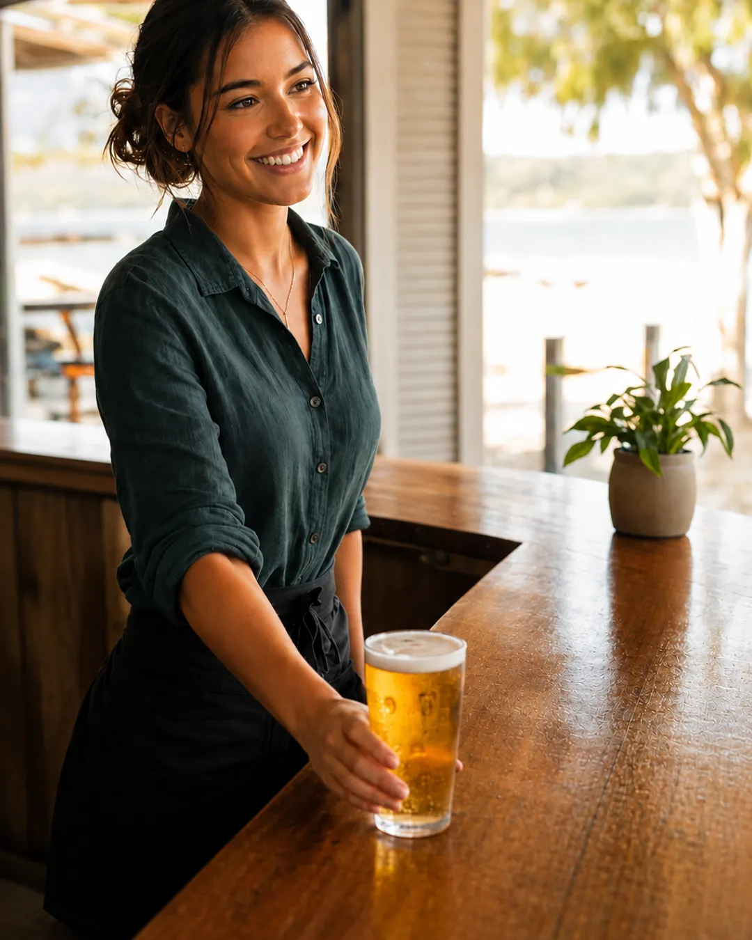 A bartender serving a drink to a customer at a bar.