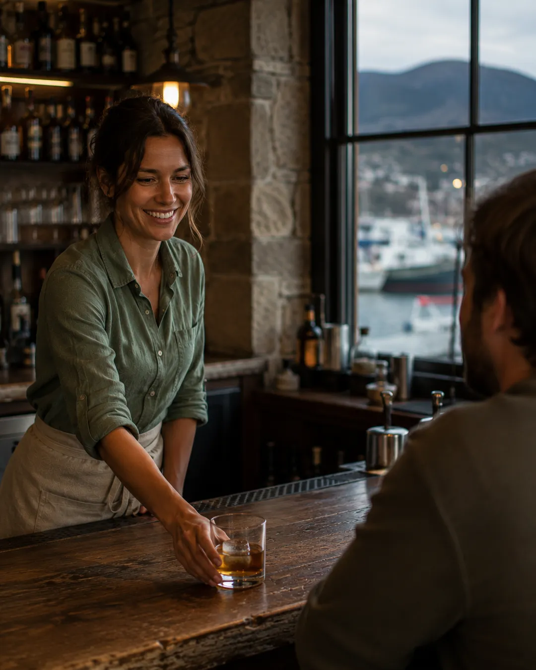 A bartender serving customers in a Tasmanian venue.